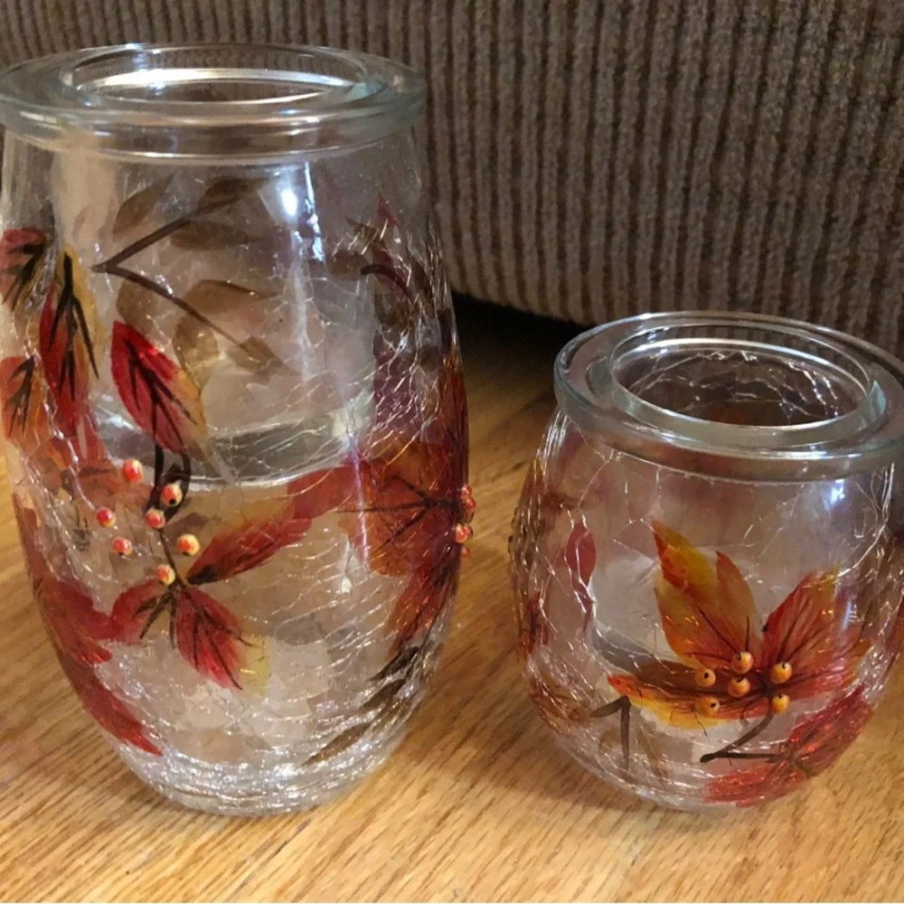 Yankee Candle AUTUMN LEAVES Crackle Glass Tea-light Candle Holder Set